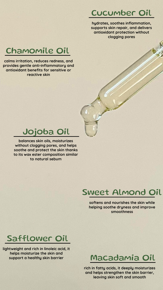 List of oils with dropper bottles and text on a beige background