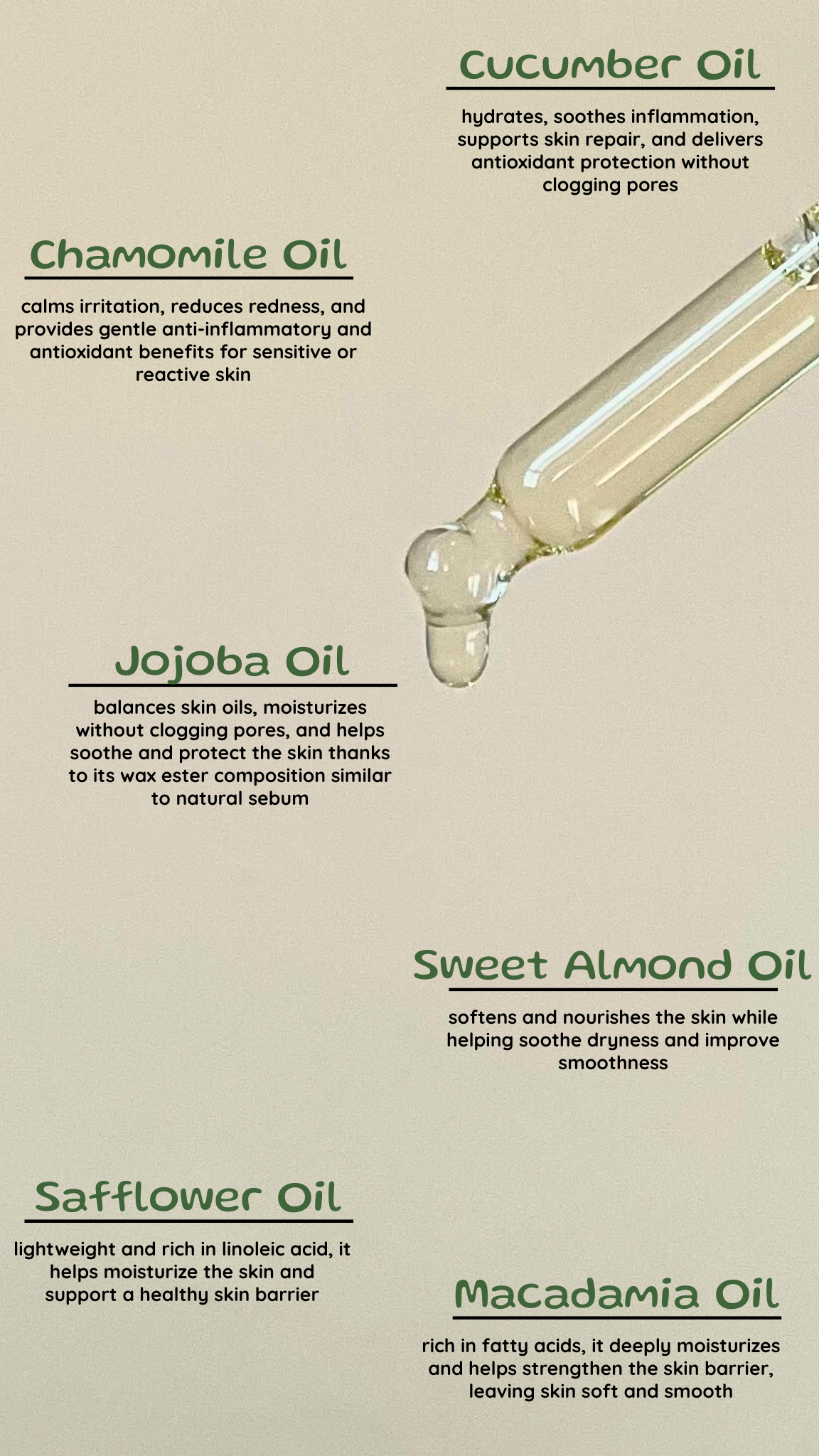 List of oils with dropper bottles and text on a beige background