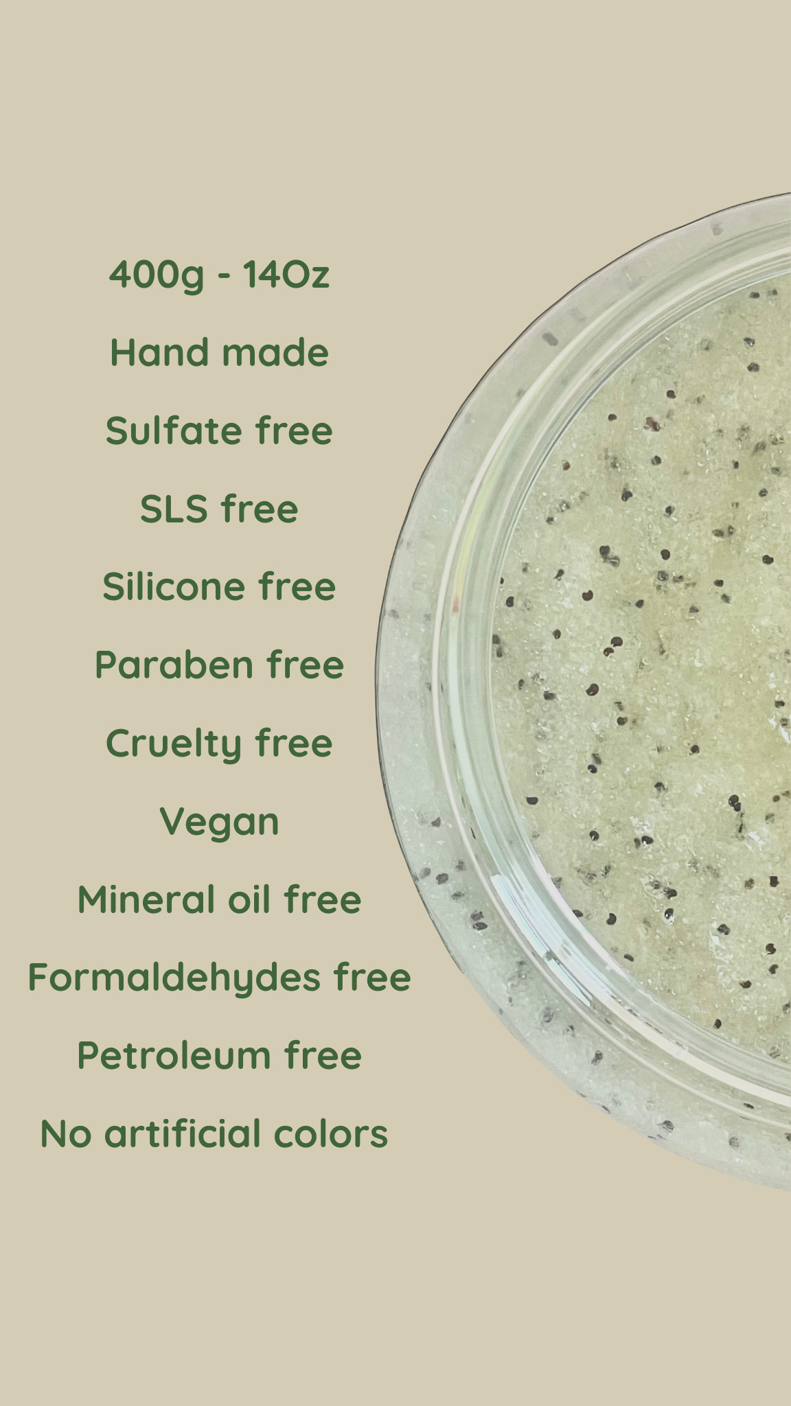 Jar of scrub with text listing product features on a beige background