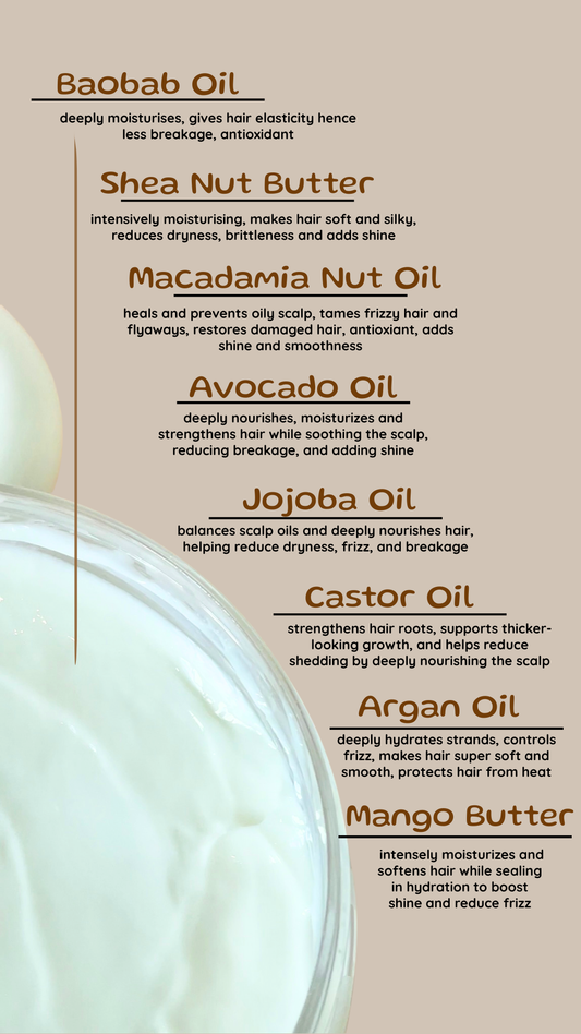 selfcare by mee hair cream List of oils with their benefits on a beige background