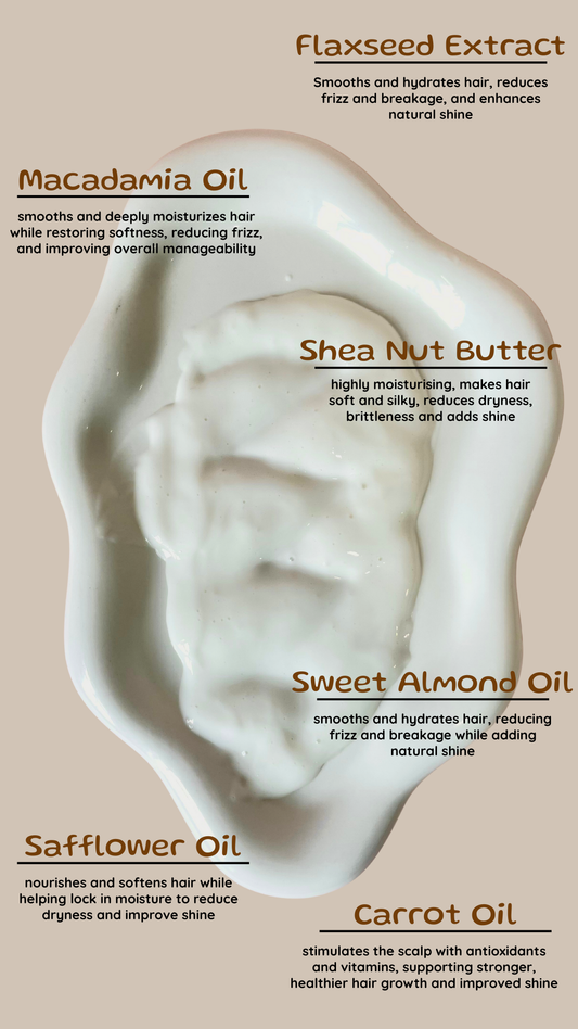 A cute trinkent dish with selfcare by mee coditioner dolop with text describing various oils and their benefits on hair.