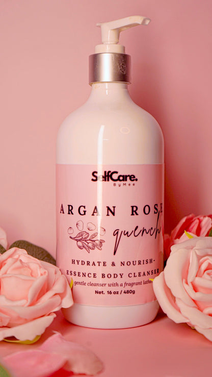 Body cleanser bottle with pump on a pink background with flowers