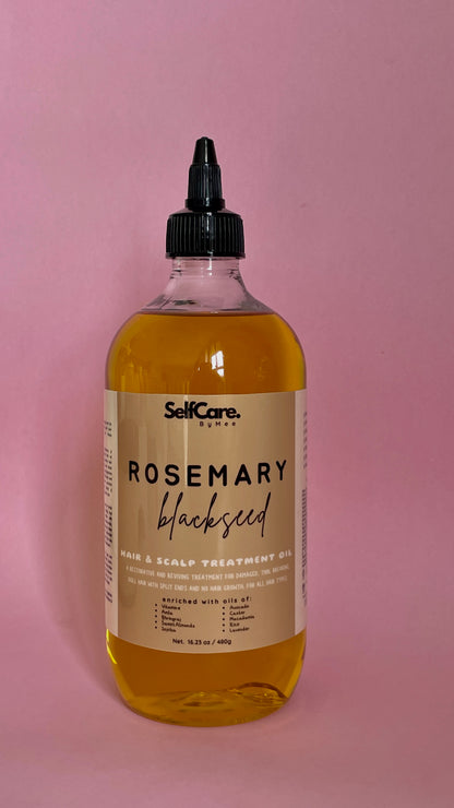 A bottle of SelfCare by Mee Rosemary Blackseed Hair & Scalp Treatment Oil, filled with golden-yellow oil and featuring a beige label with a black dropper cap, set against a solid pink background